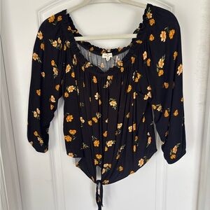 Black and Gold Ruched Tie Front Blouse
